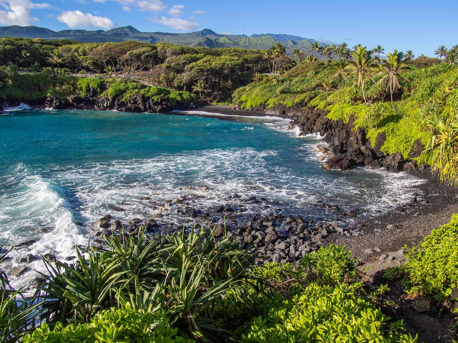 Scenic coastal road with ocean views on the Road to Hana, Maui